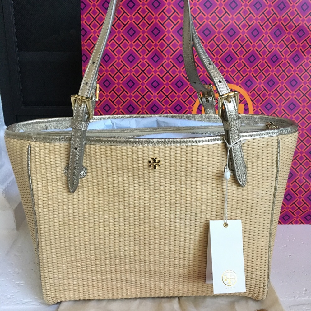 Tory Burch York Straw Small Buckle Tote.